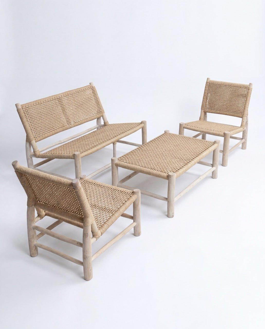 Ensemble salon en bois & corde tressée – 4 pièces (fait main) - Marinette Saint - Tropez