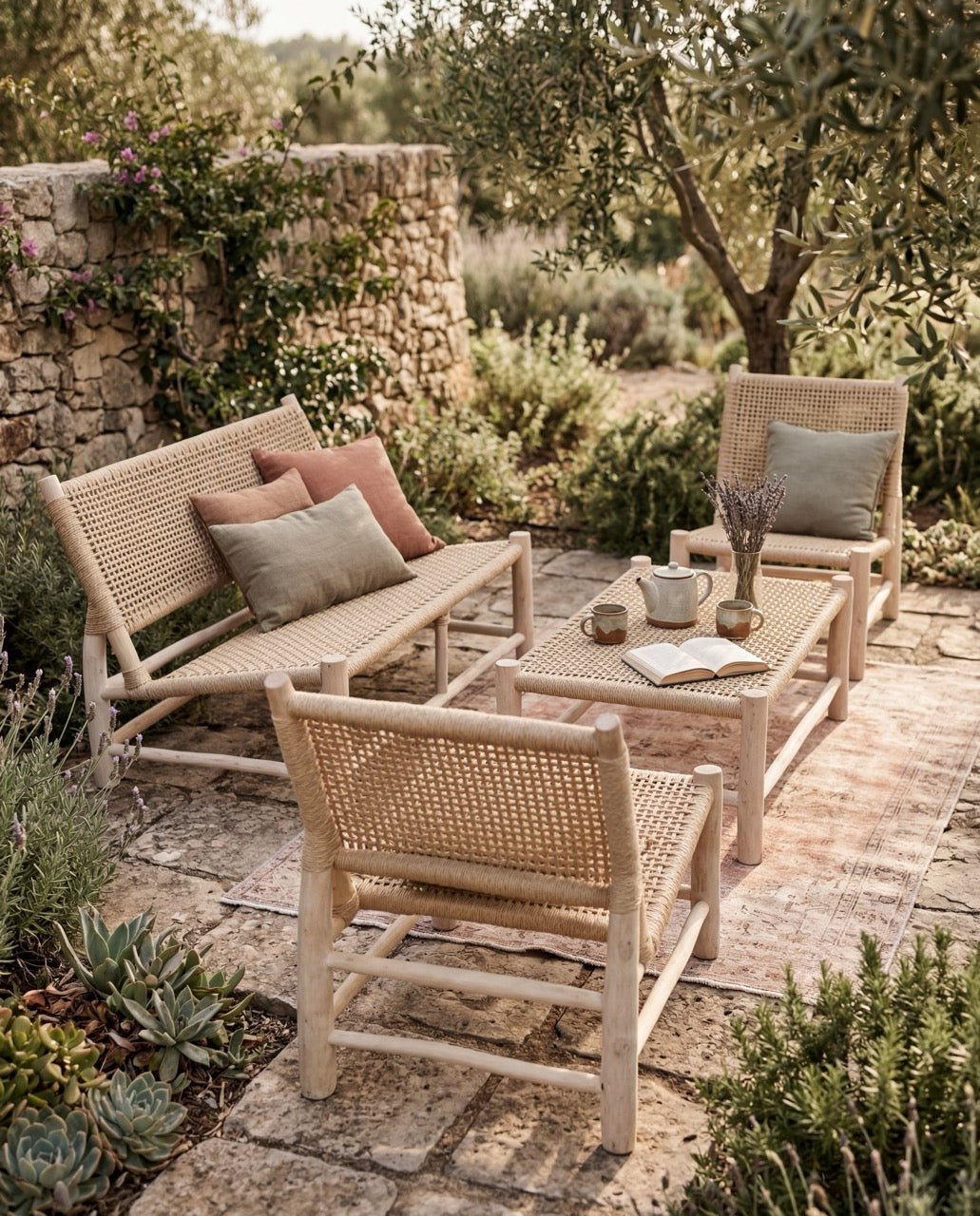 Ensemble salon en bois & corde tressée – 4 pièces (fait main) - Marinette Saint - Tropez