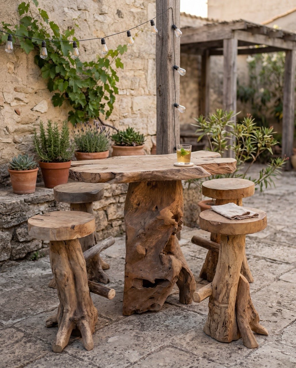 Ensemble table haute & 4 tabourets en bois massif – pièce artisanale - Marinette Saint - Tropez