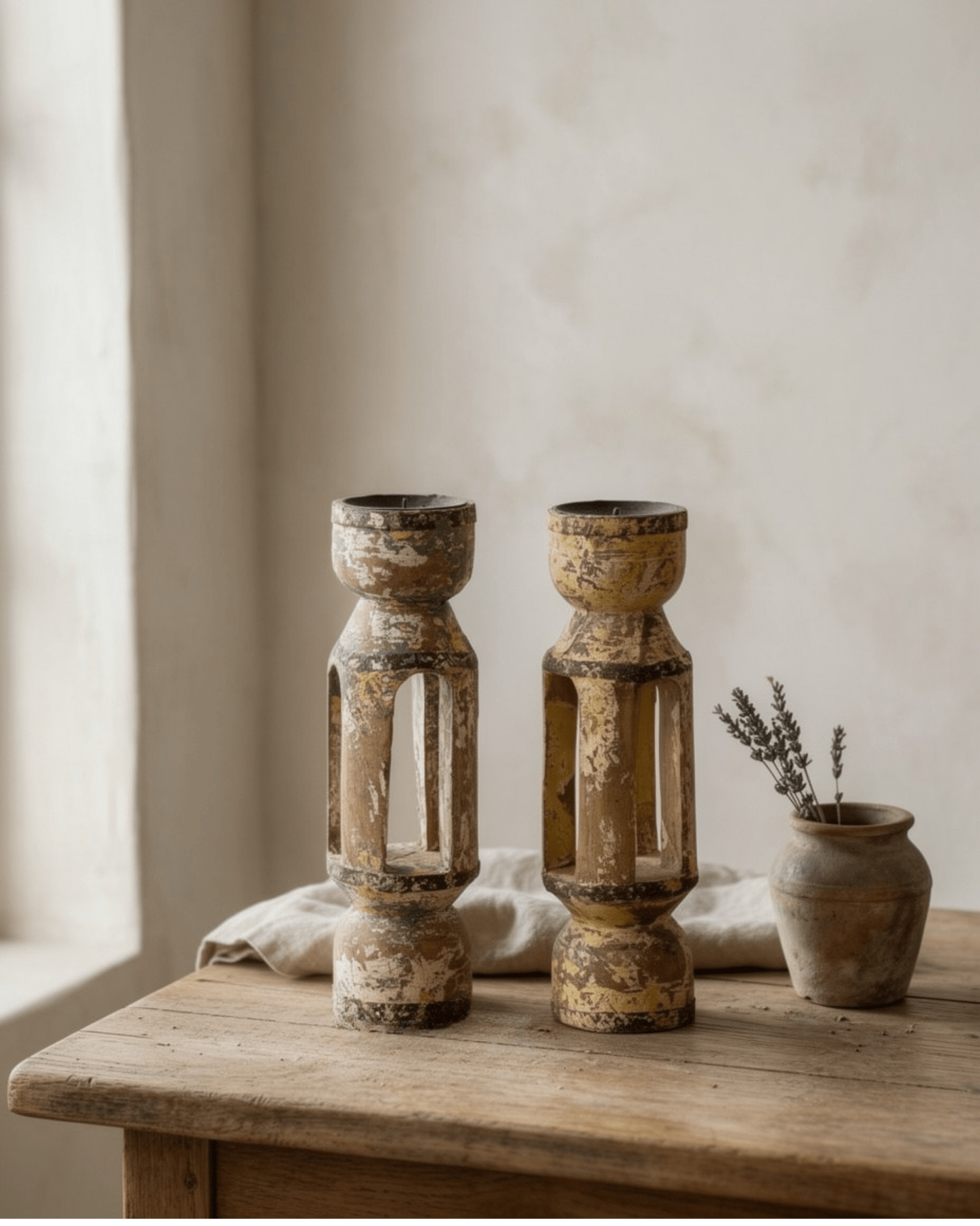 Lot de 2 bougeoirs anciens en bois patiné - Marinette Saint - Tropez