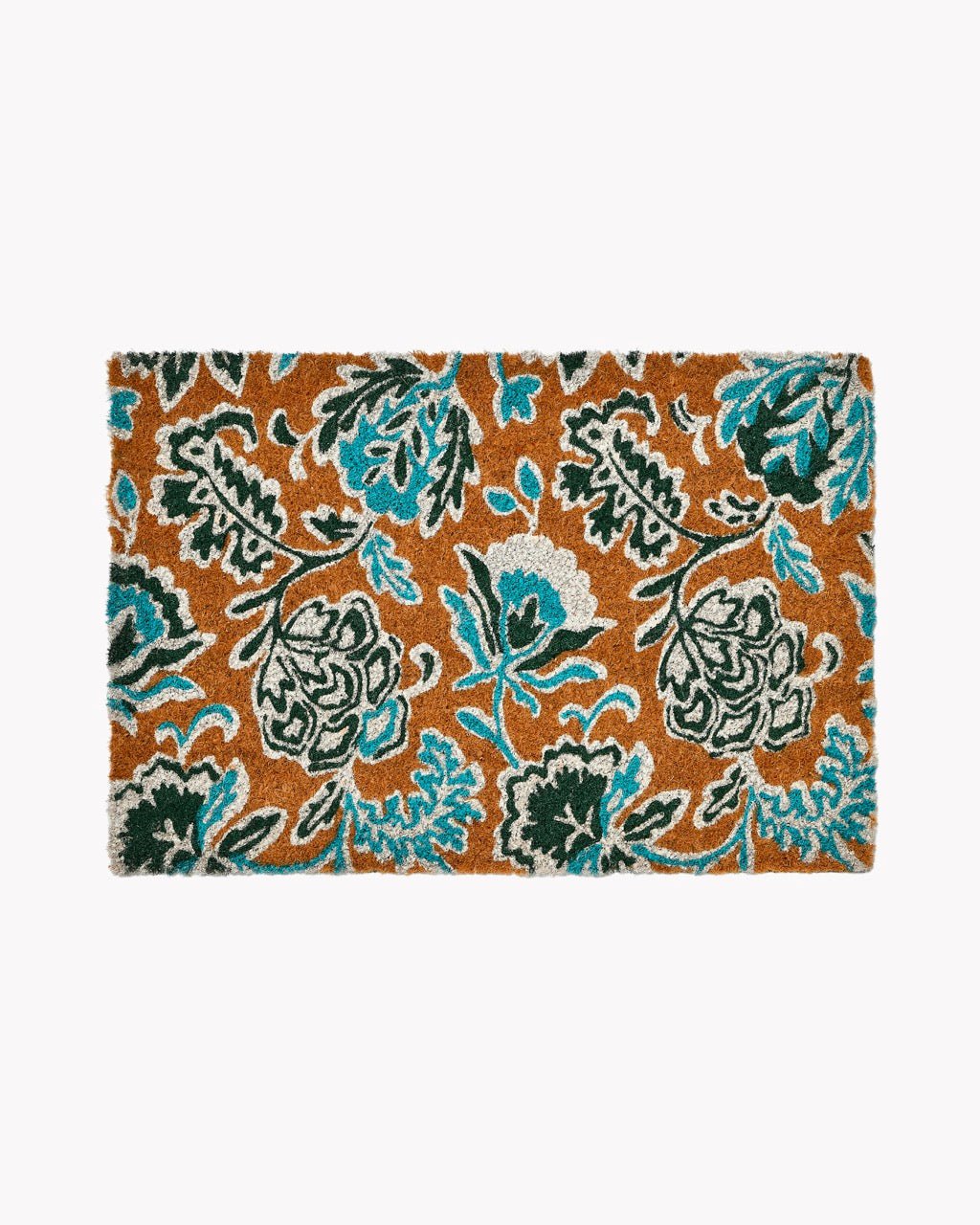 Tapis D'entrée Flower | 40x60cm | Imprimé Floral Indien Turquoise & Vert sur Fond Camel - Marinette Saint - Tropez
